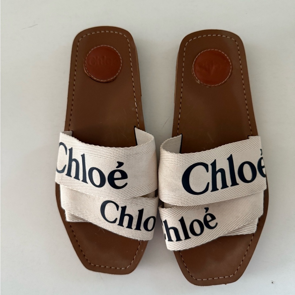 Chloe Woody Cream and Brown Slide Sandals - Picture 2 of 7
